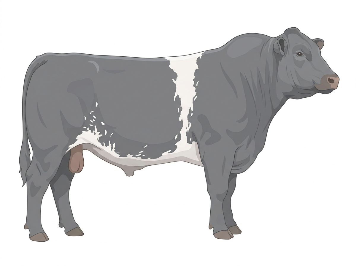 Blue roan with a white belt around the midsection and ticking in the white Shorthorn Plus Bull