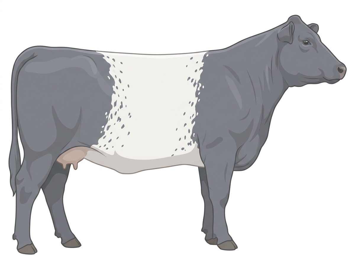 Blue roan with a white belt around the midsection and ticking in the white Shorthorn Plus Cow