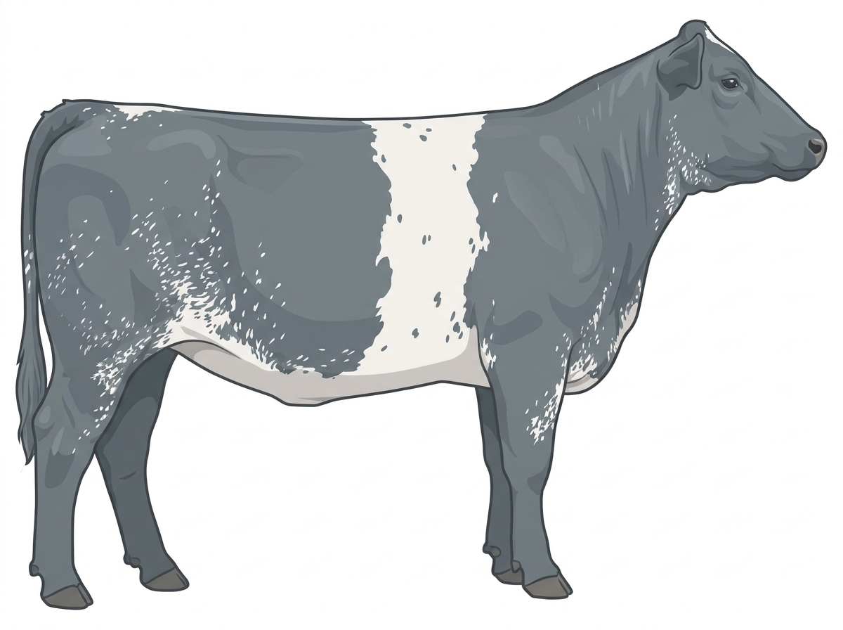 Blue roan with a white belt around the midsection and ticking in the white Shorthorn Plus Heifer