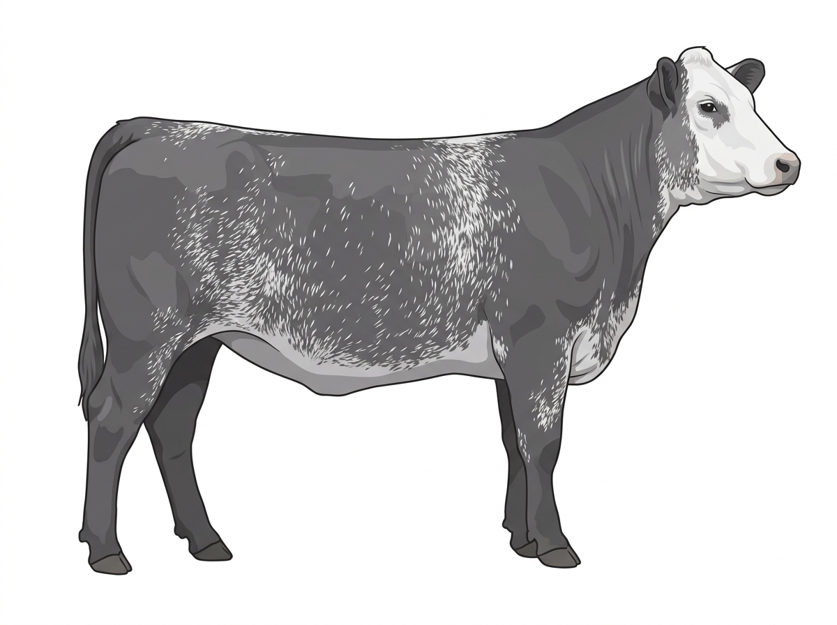 Blue roan with a white face Shorthorn Plus Heifer