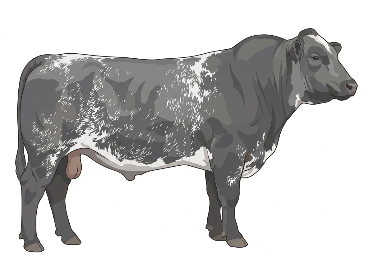 Blue roan with minimal white face markings, white spots and ticking in the white Shorthorn Plus Bull