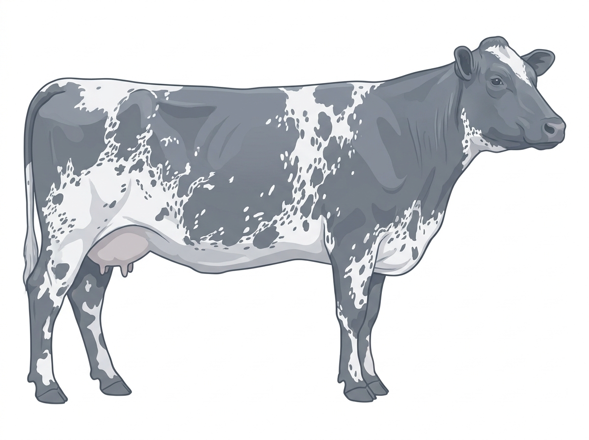 Blue roan with white spots and ticking in the white Shorthorn Plus Cow
