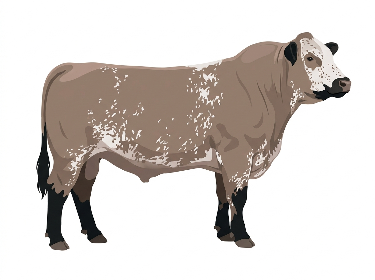 Brown roan with black points, a partial white face and ticking in the white Shorthorn Plus Bull