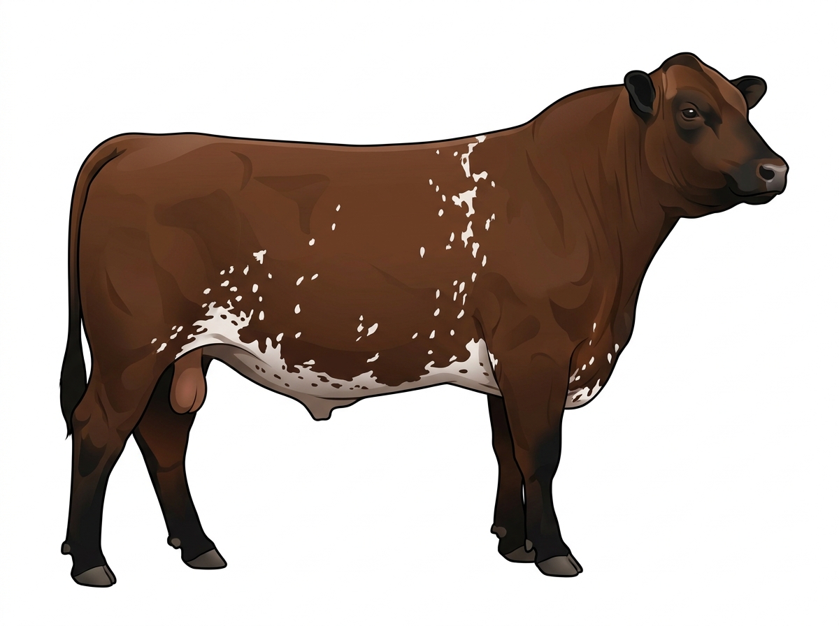 Brown with black points, a few white spots and ticking in the white Shorthorn Plus Bull