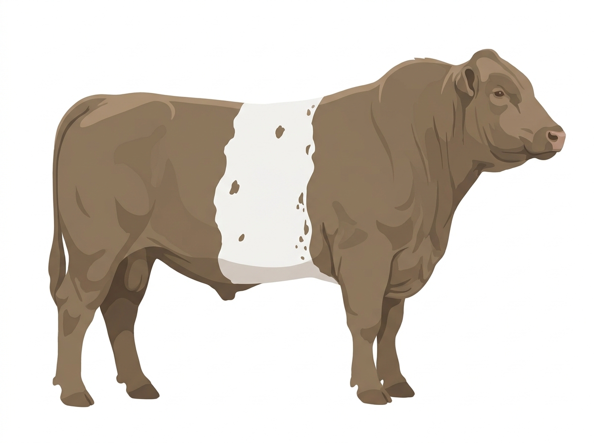Dun with a white belt around the midsection, a few white spots and ticking in the white Shorthorn Plus Bull