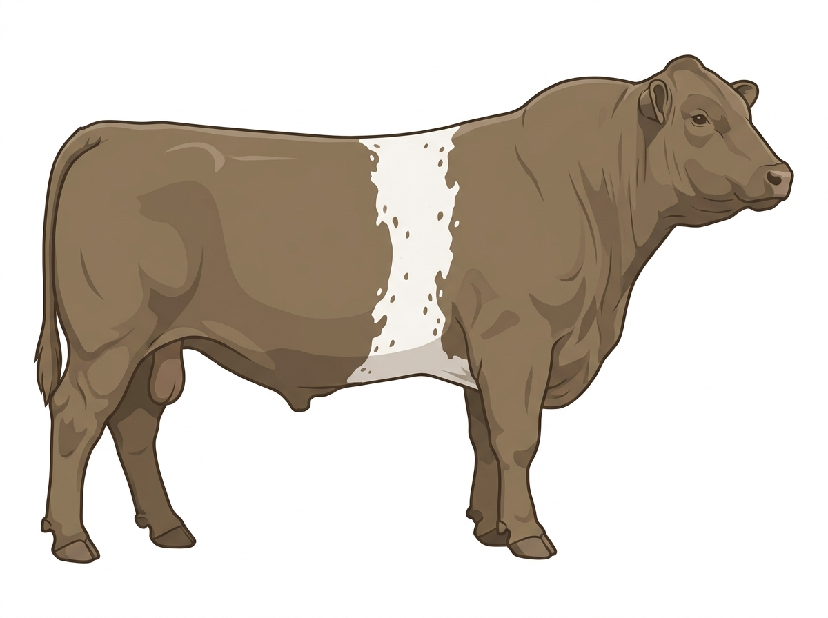 Dun with a white belt around the midsection and ticking in the white Shorthorn Plus Bull