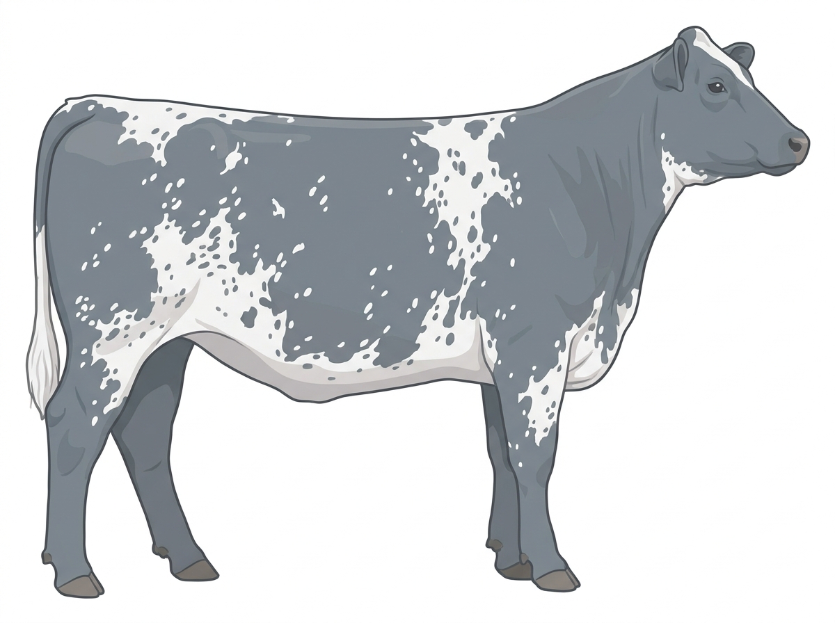 Heavy blue roan with a few white spots and ticking in the white Shorthorn Plus Heifer