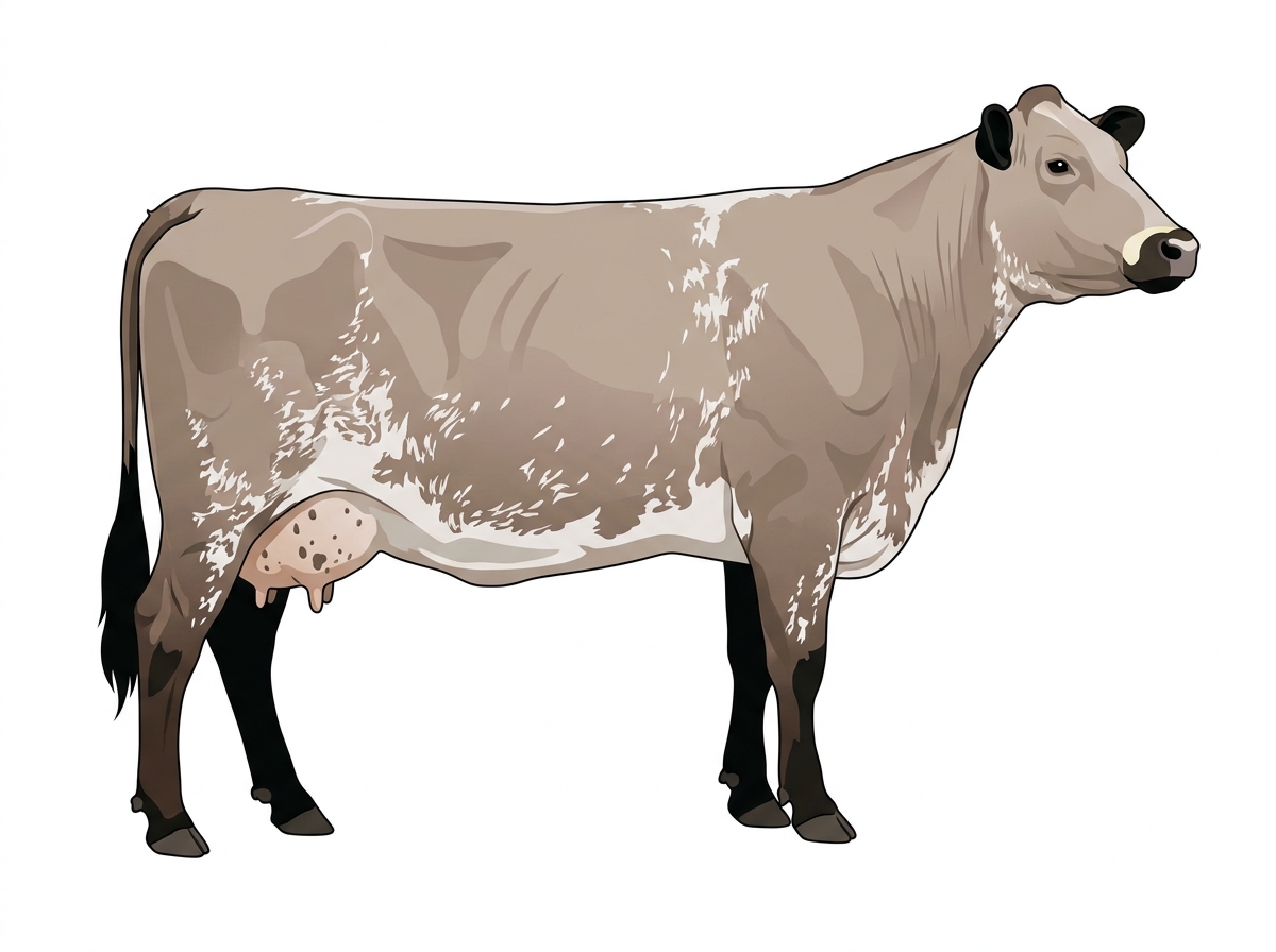 Heavy brown roan with black points and a pale muzzle ring and lighter underline Shorthorn Plus Cow
