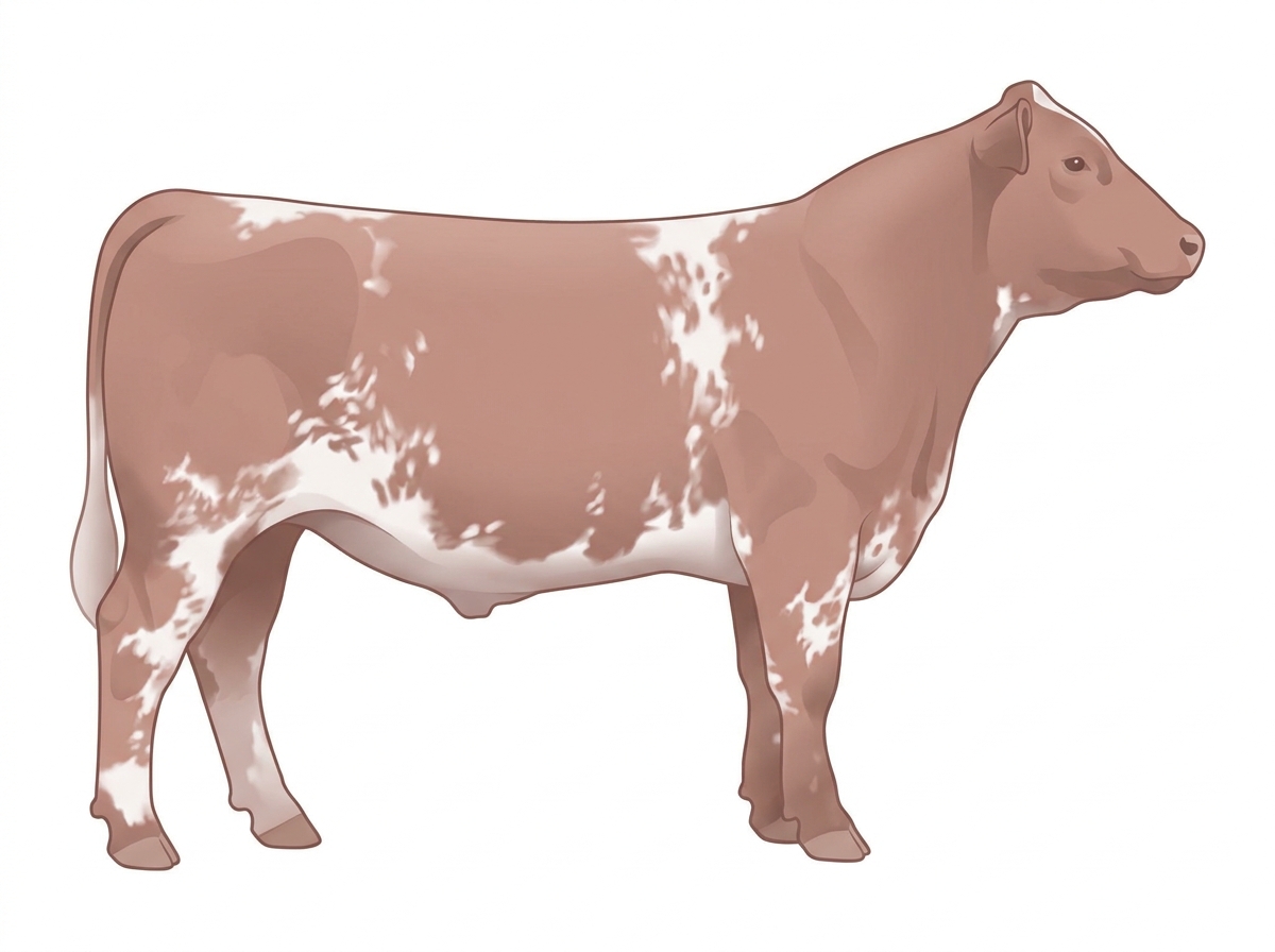 Heavy red roan with a few white spots and ticking in the white Shorthorn Plus Steer