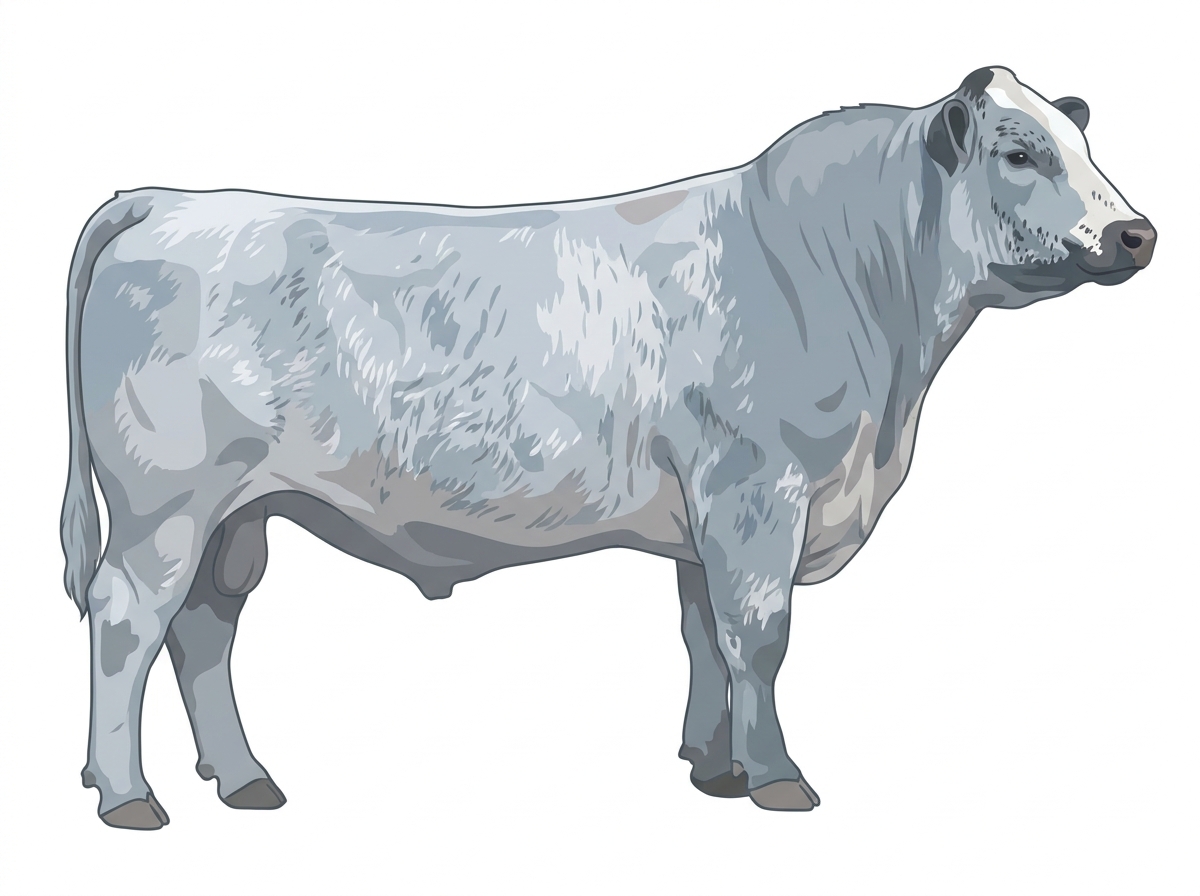 Light blue roan with a partial white face and ticking in the white Shorthorn Plus Bull