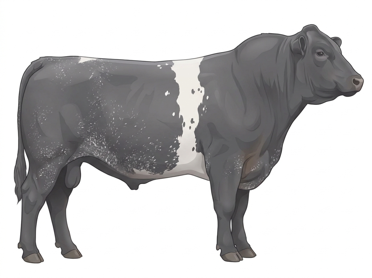 Light blue roan with a white belt around the midsection, a few white spots and ticking in the white Shorthorn Plus Bull