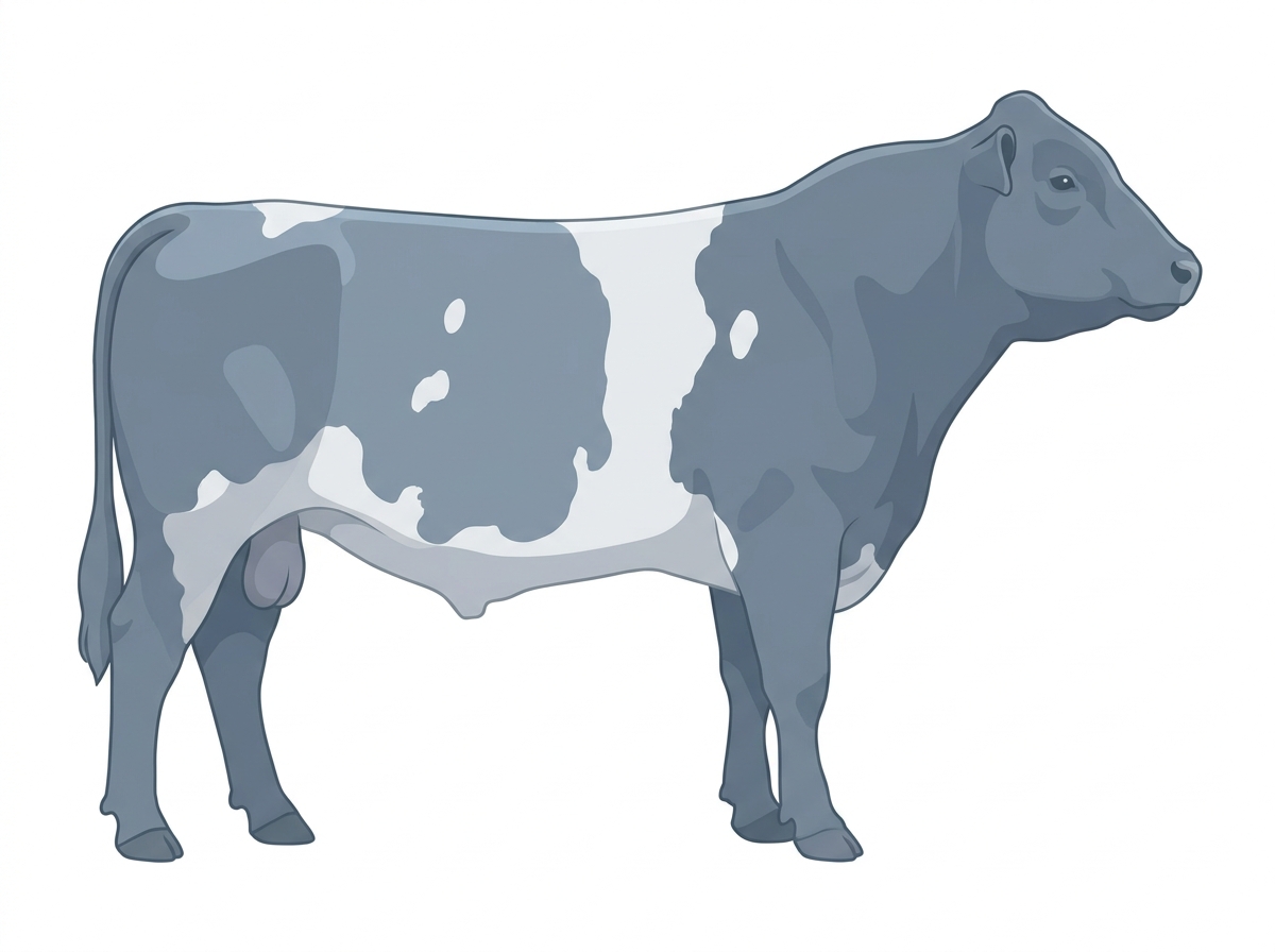 Light blue roan with a white belt around the midsection and a few white spots Shorthorn Plus Bull