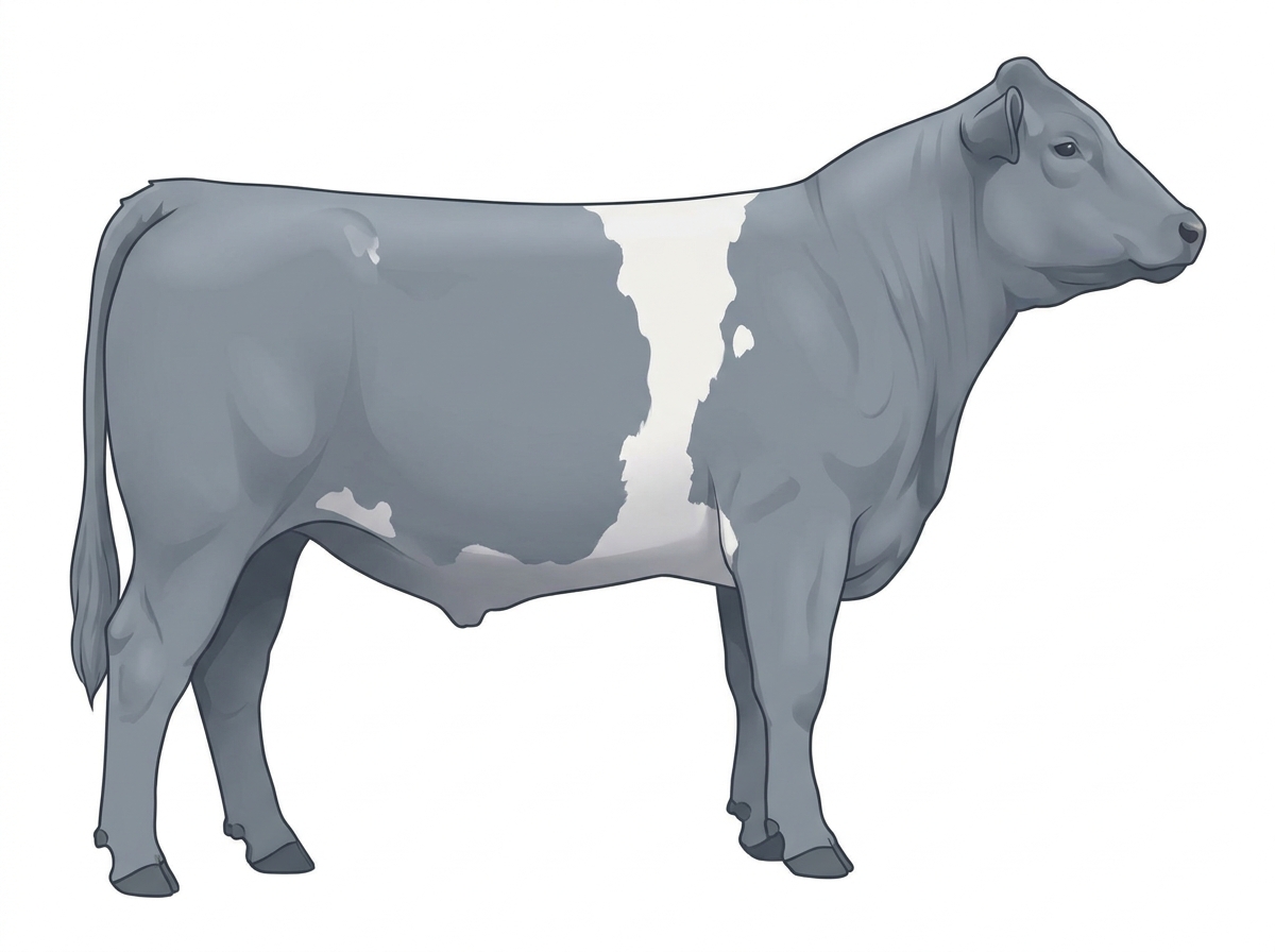 Light blue roan with a white belt around the midsection and a few white spots Shorthorn Plus Steer