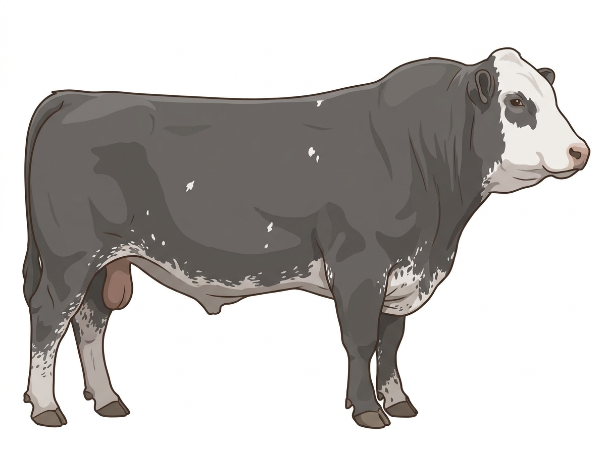 Light blue roan with a white face, a few white spots and ticking in the white Shorthorn Plus Bull
