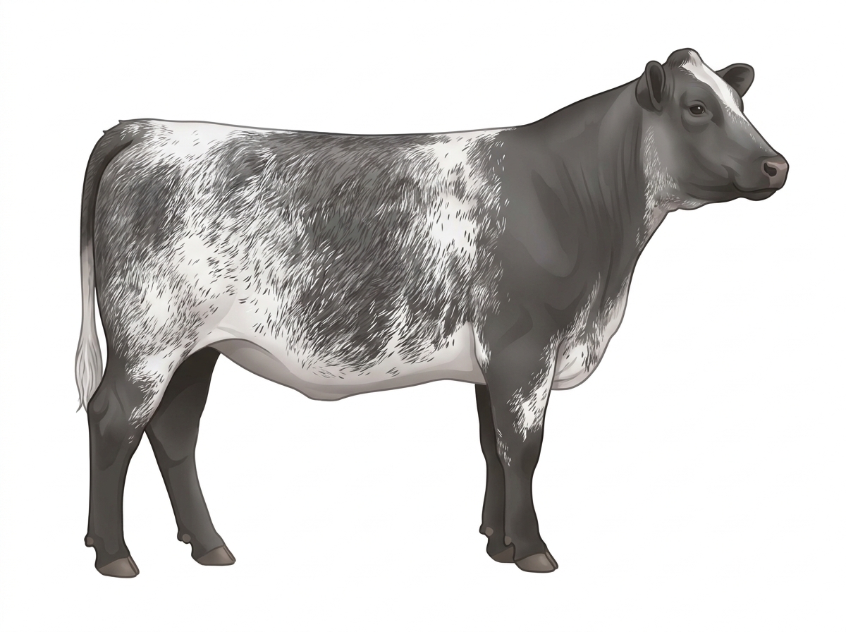 Light blue roan with minimal white face markings and ticking in the white Shorthorn Plus Heifer