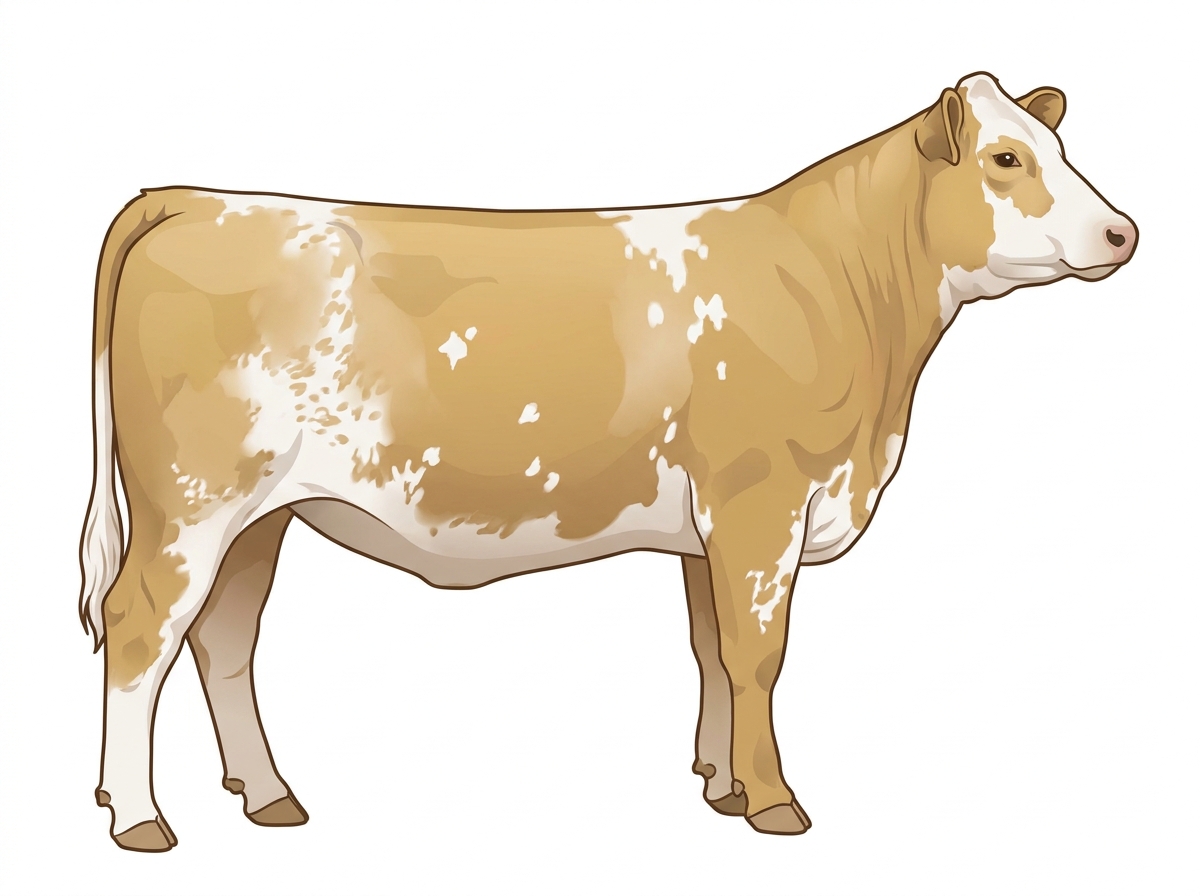 Light gold roan with a partial white face, a few white spots and ticking in the white Shorthorn Plus Heifer