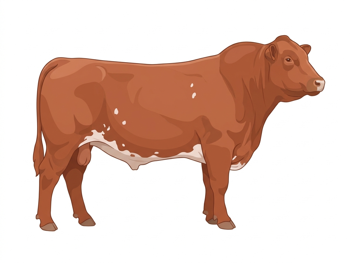 Light red roan with a pale muzzle ring and lighter underline and a few white spots Shorthorn Plus Bull