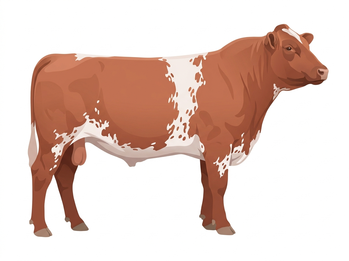 Light red roan with a white belt around the midsection and ticking in the white Shorthorn Plus Bull