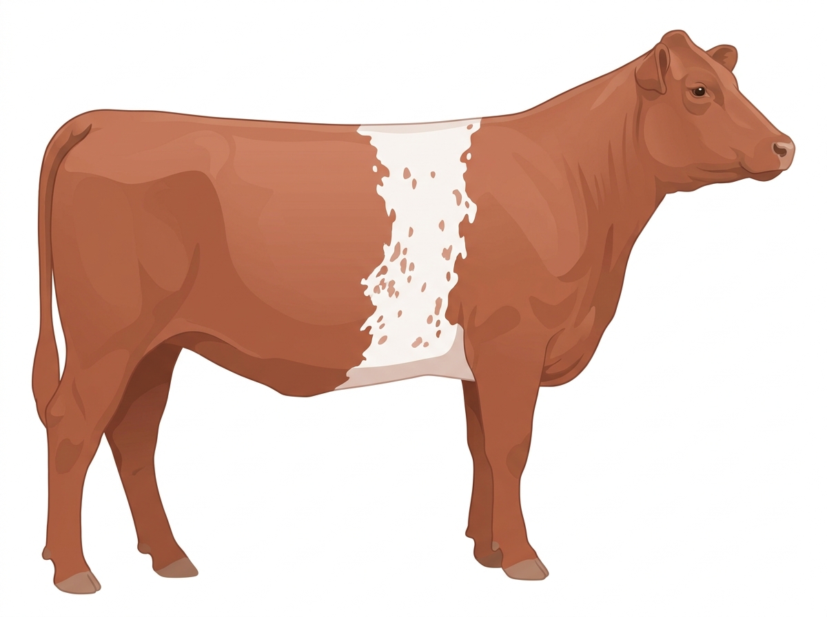 Light red roan with a white belt around the midsection and ticking in the white Shorthorn Plus Heifer