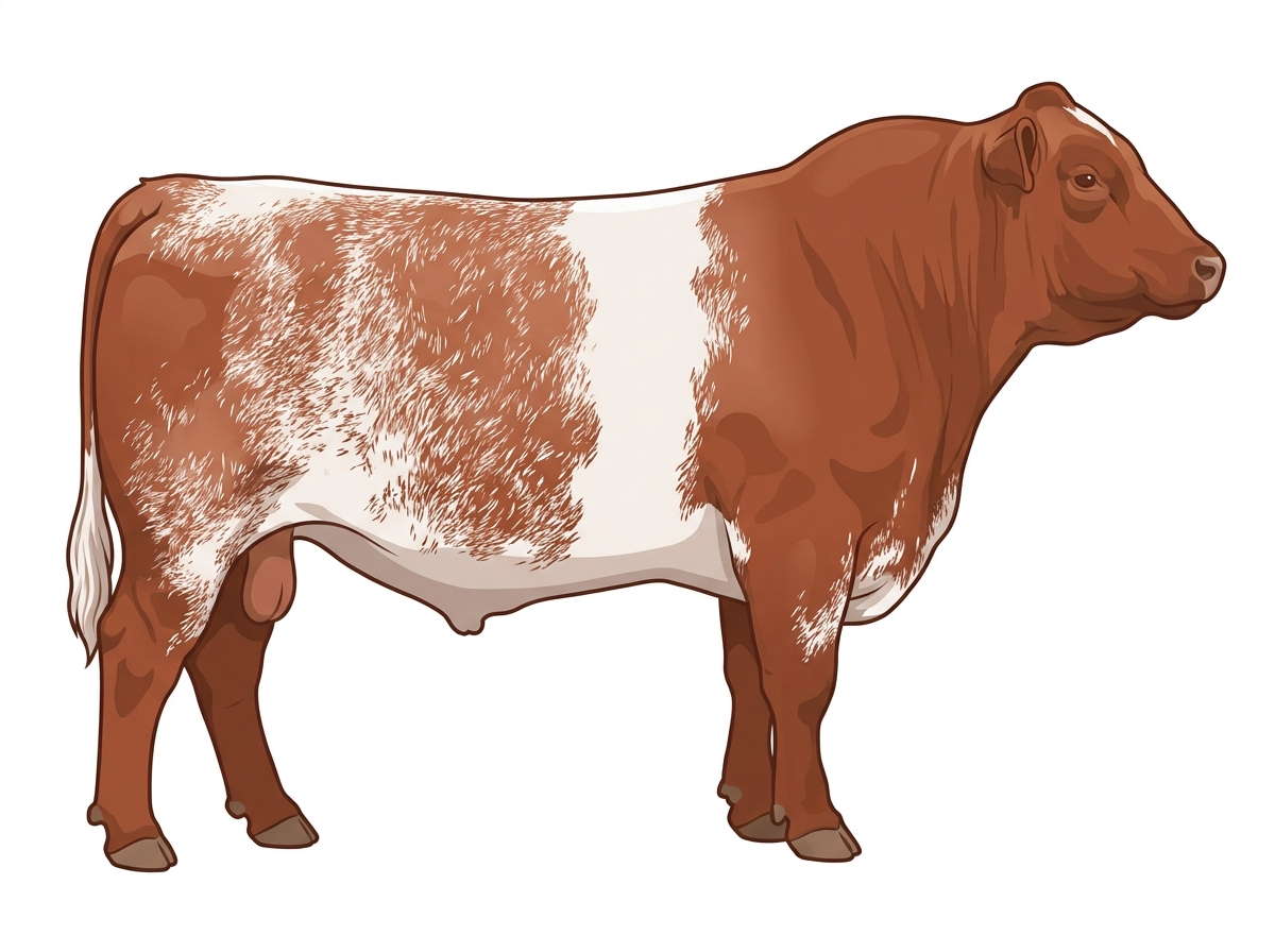Light red roan with a white belt around the midsection Shorthorn Plus Bull