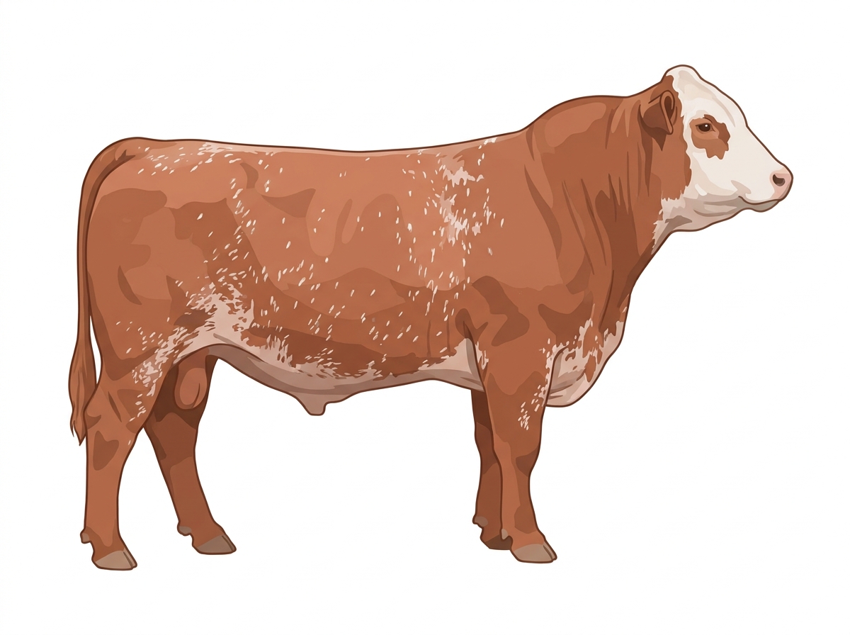 Light red roan with a white face and ticking in the white Shorthorn Plus Bull