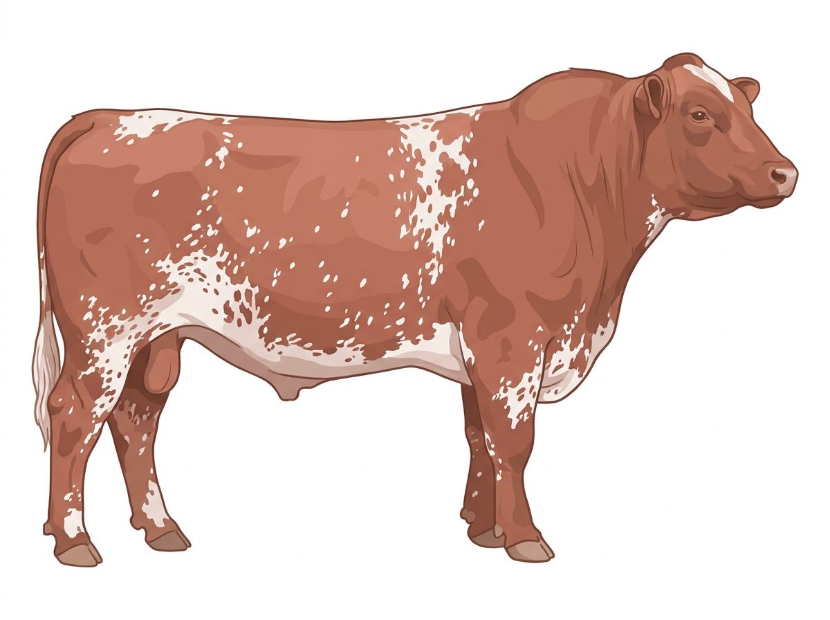 Red roan with a few white spots and ticking in the white Shorthorn Plus Bull