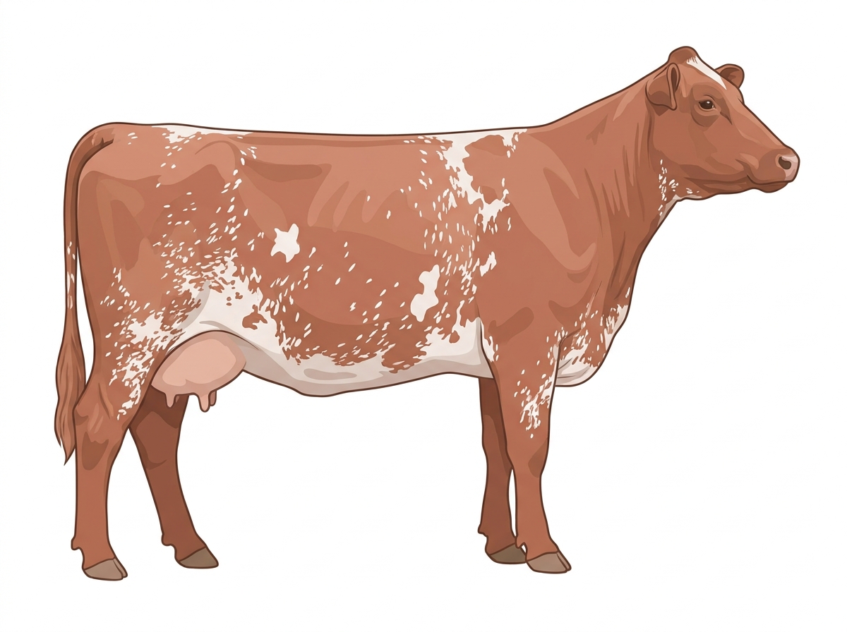 Red roan with a few white spots and ticking in the white Shorthorn Plus Cow