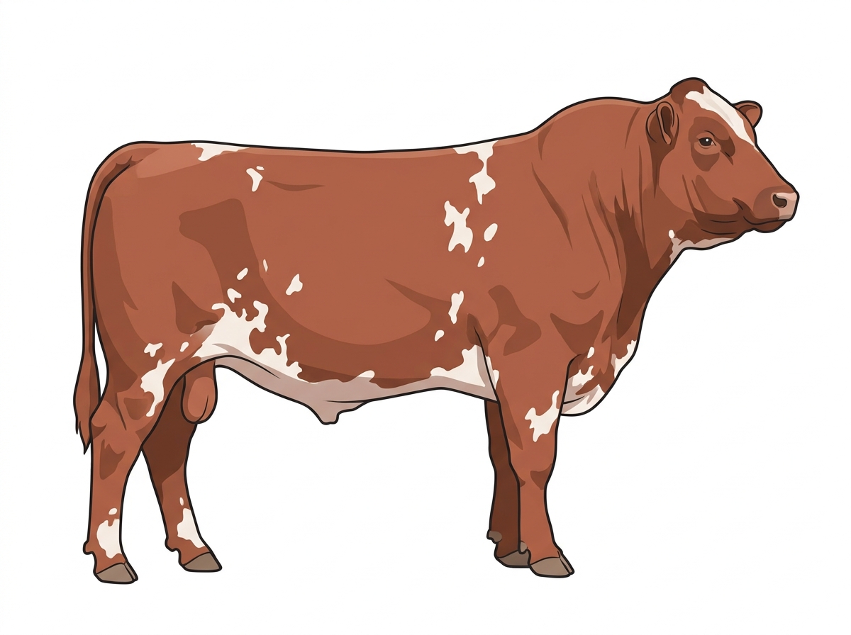 Red roan with a partial white face and white spots Shorthorn Plus Bull