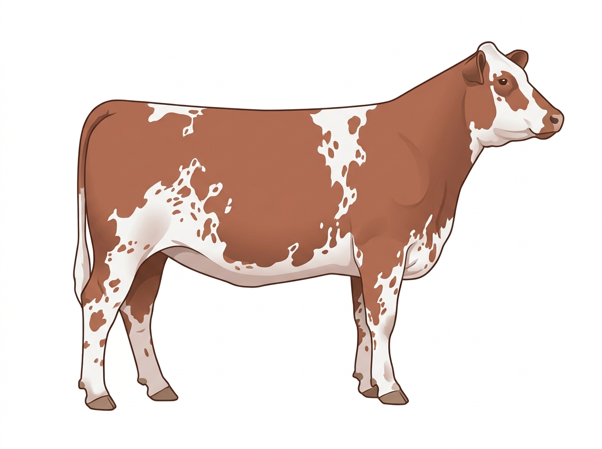 Red roan with a partial white face, white spots and ticking in the white Shorthorn Plus Heifer