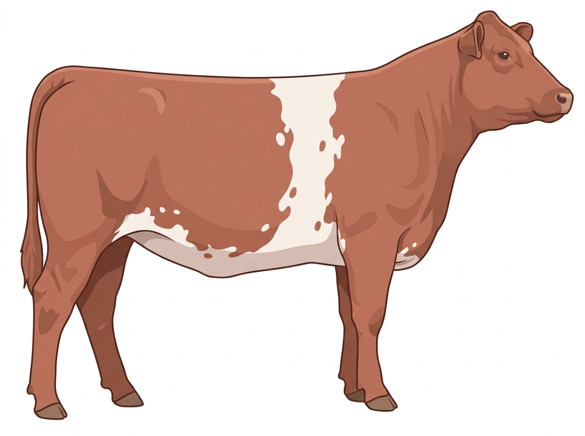 Red roan with a white belt around the midsection, a few white spots and ticking in the white Shorthorn Plus Heifer
