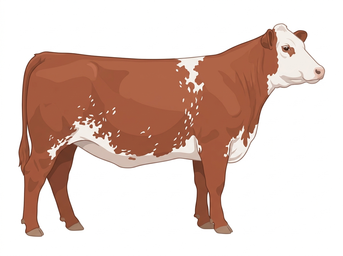 Red roan with a white face, white spots and ticking in the white Shorthorn Plus Heifer