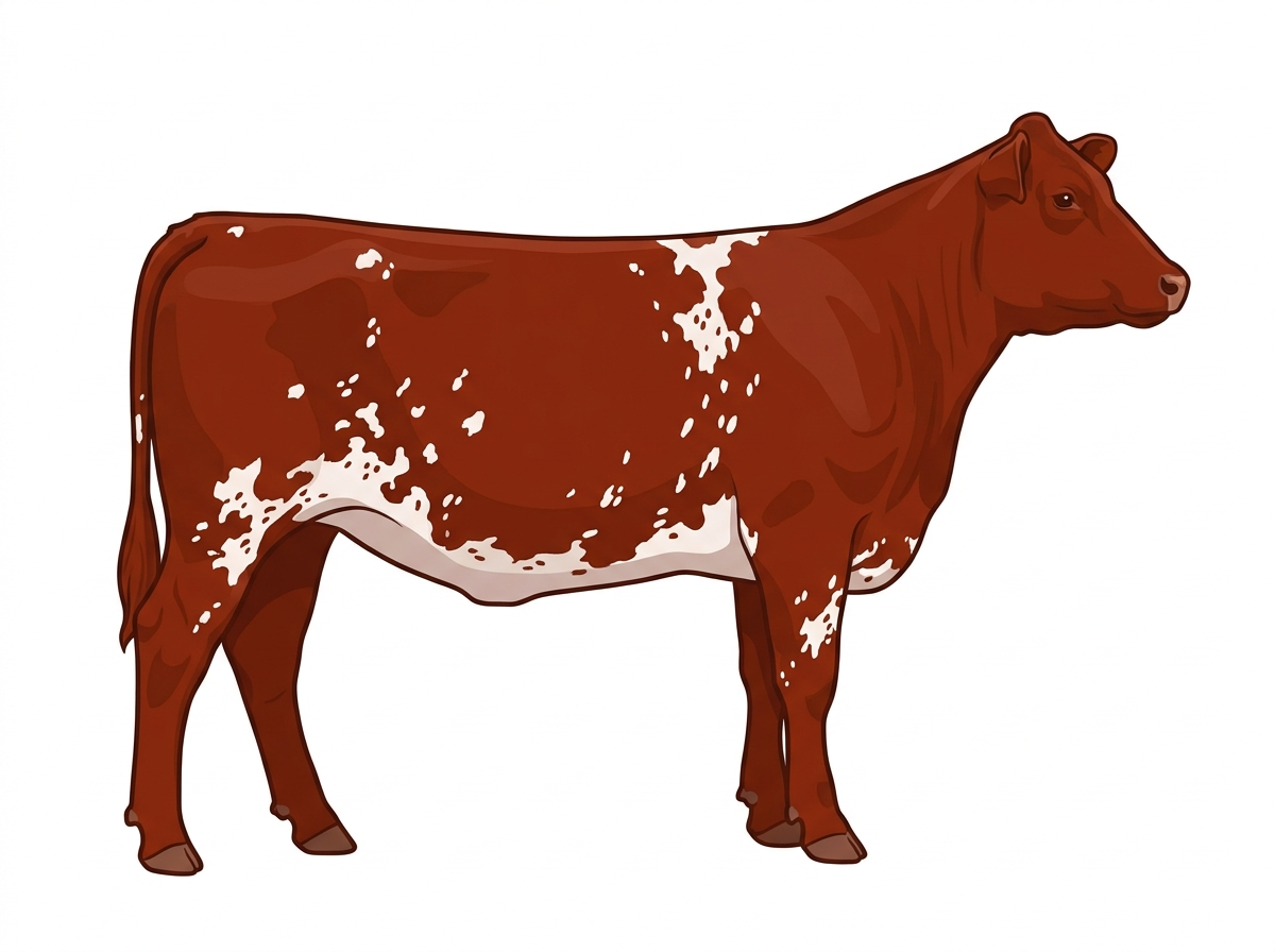 Red with a few white spots and ticking in the white Shorthorn Plus Heifer
