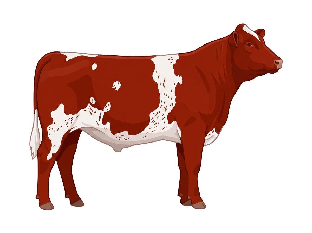 Red with a few white spots and ticking in the white Shorthorn Plus Steer