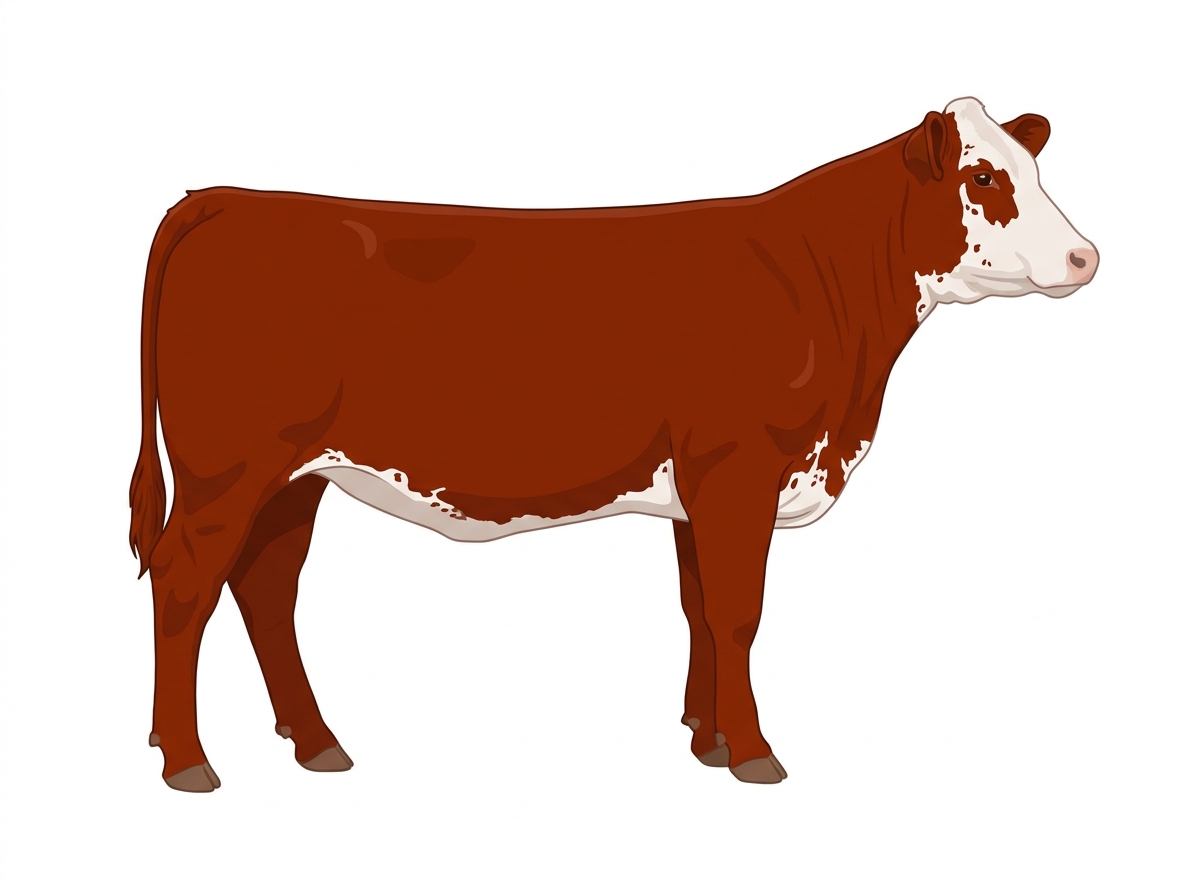 Red with a partial white face, white spots and ticking in the white Shorthorn Plus Heifer