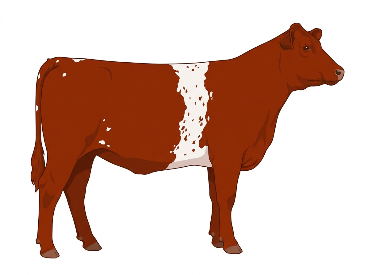 Red with a white belt around the midsection, a few white spots and ticking in the white Shorthorn Plus Heifer