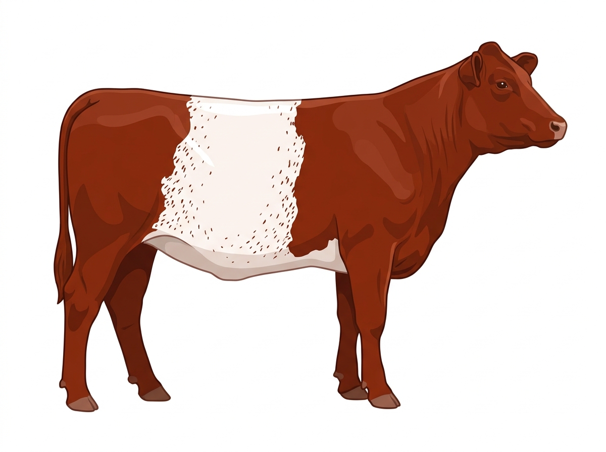 Red with a white belt around the midsection and ticking in the white Shorthorn Plus Heifer