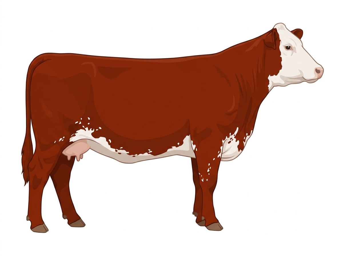 Red with a white face, a few white spots and ticking in the white Shorthorn Plus Cow