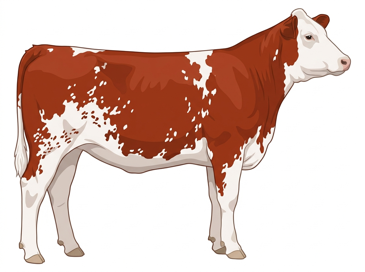 Red with a white face, a few white spots and ticking in the white Shorthorn Plus Heifer