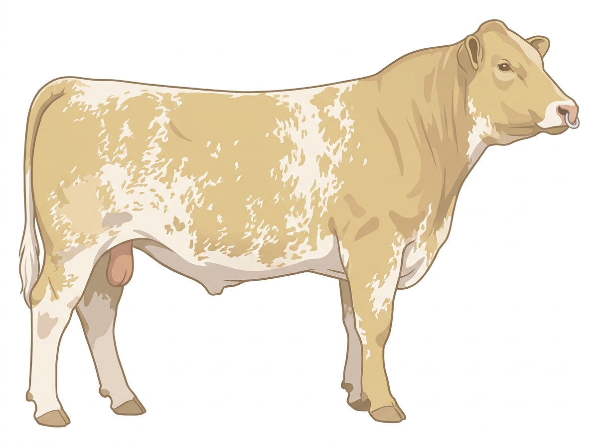Yellow dun roan with a pale muzzle ring and lighter underline Shorthorn Plus Bull