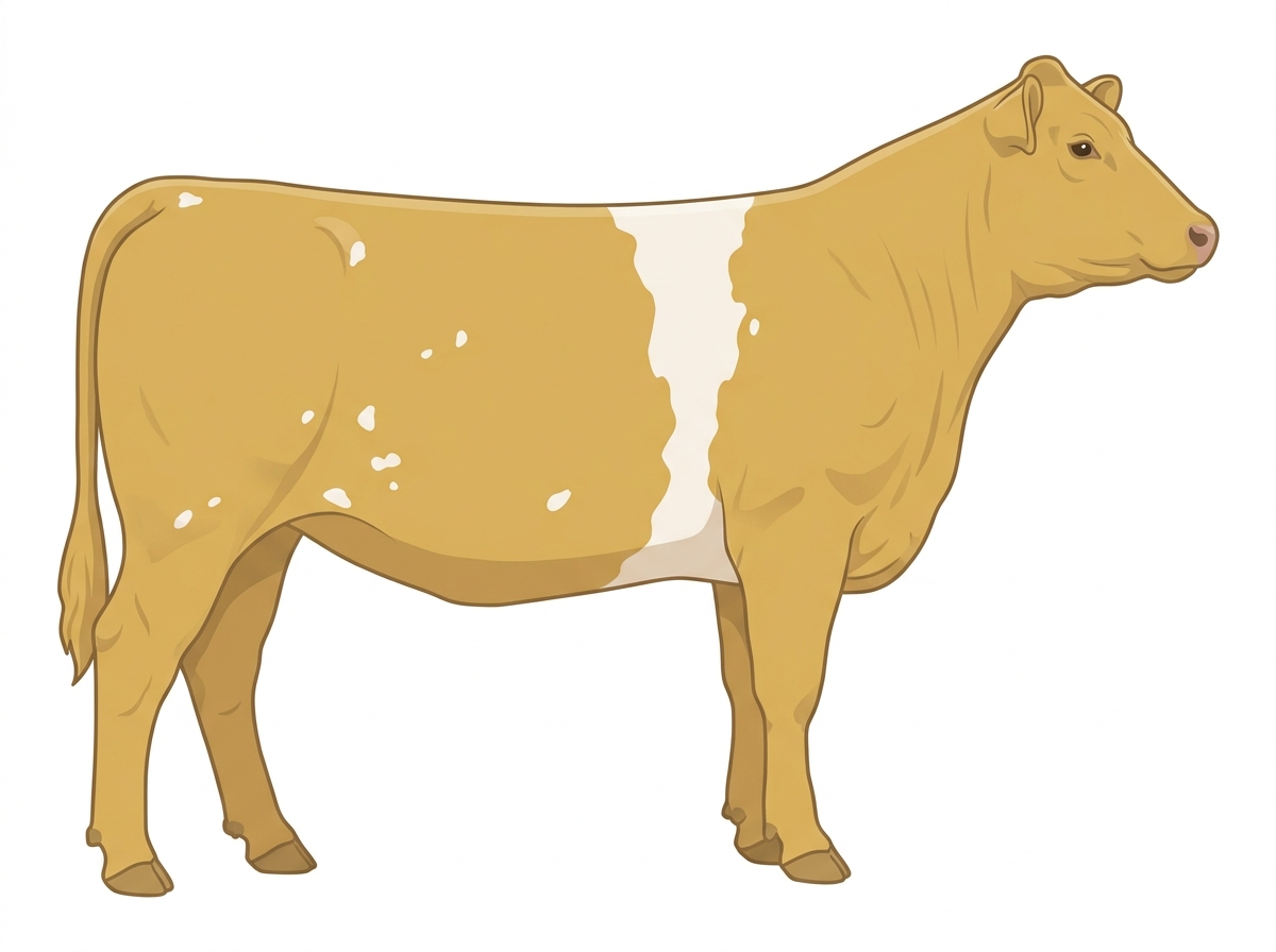 Yellow Dun with a white belt around the midsection and a few white spots Shorthorn Plus Heifer