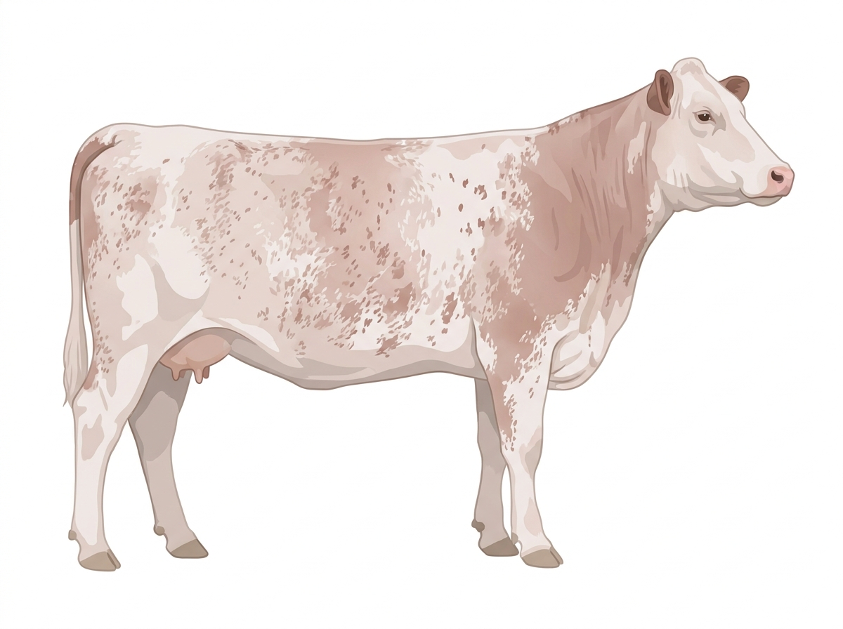 Red roan, nearly white with a few white spots and ticking in the white Shorthorn Cow