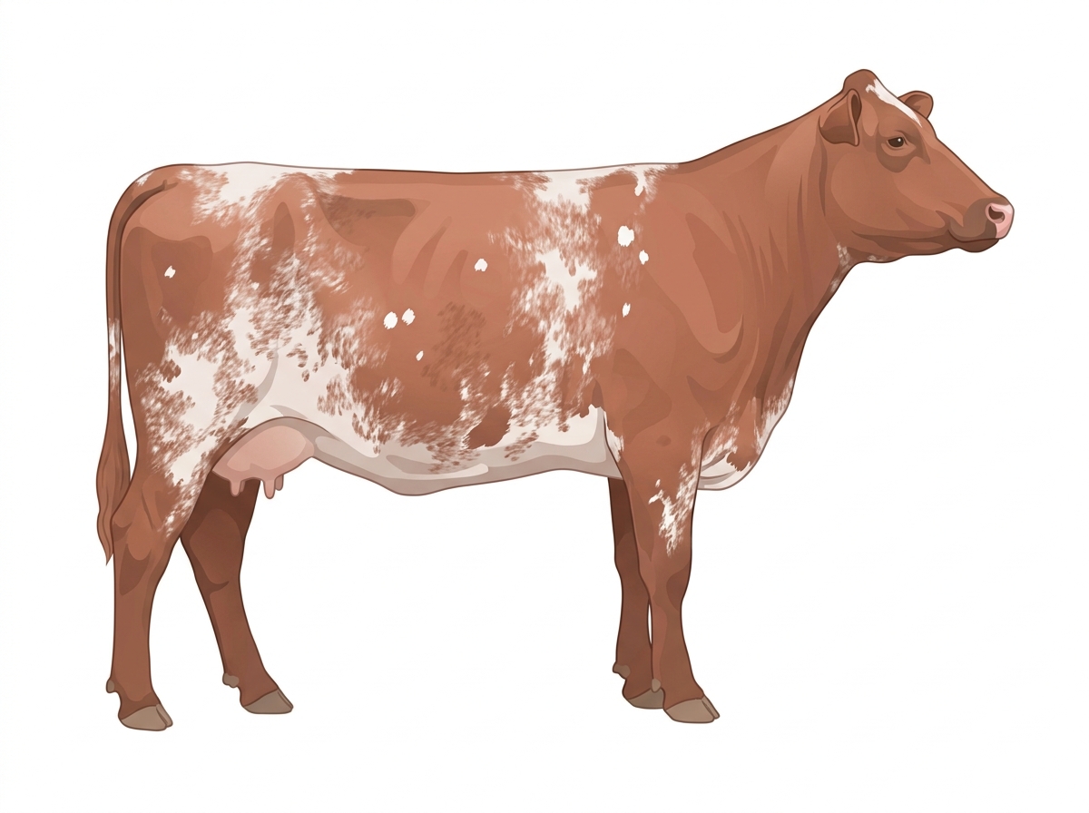 Red roan with a few white spots and ticking in the white Shorthorn Cow