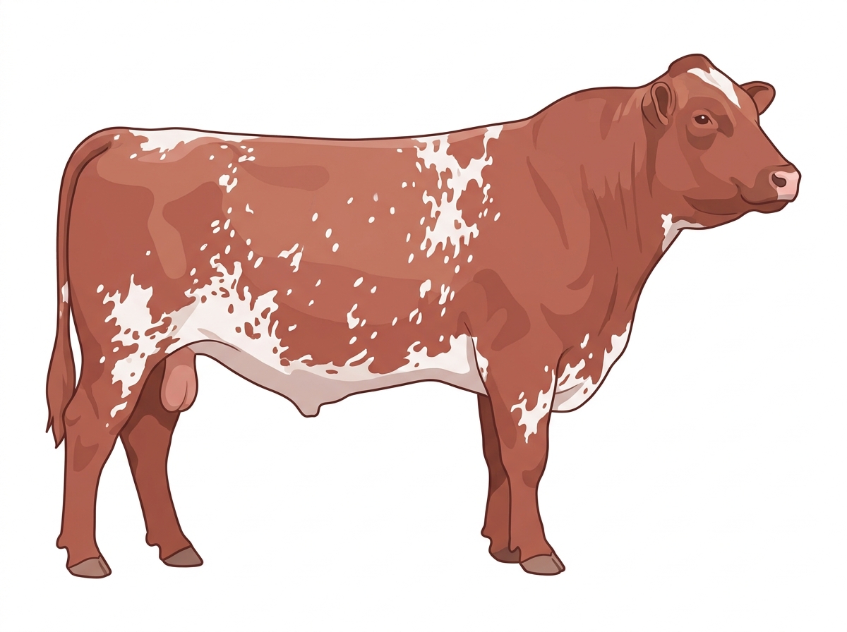 Red roan with white spots and ticking in the white Shorthorn Bull