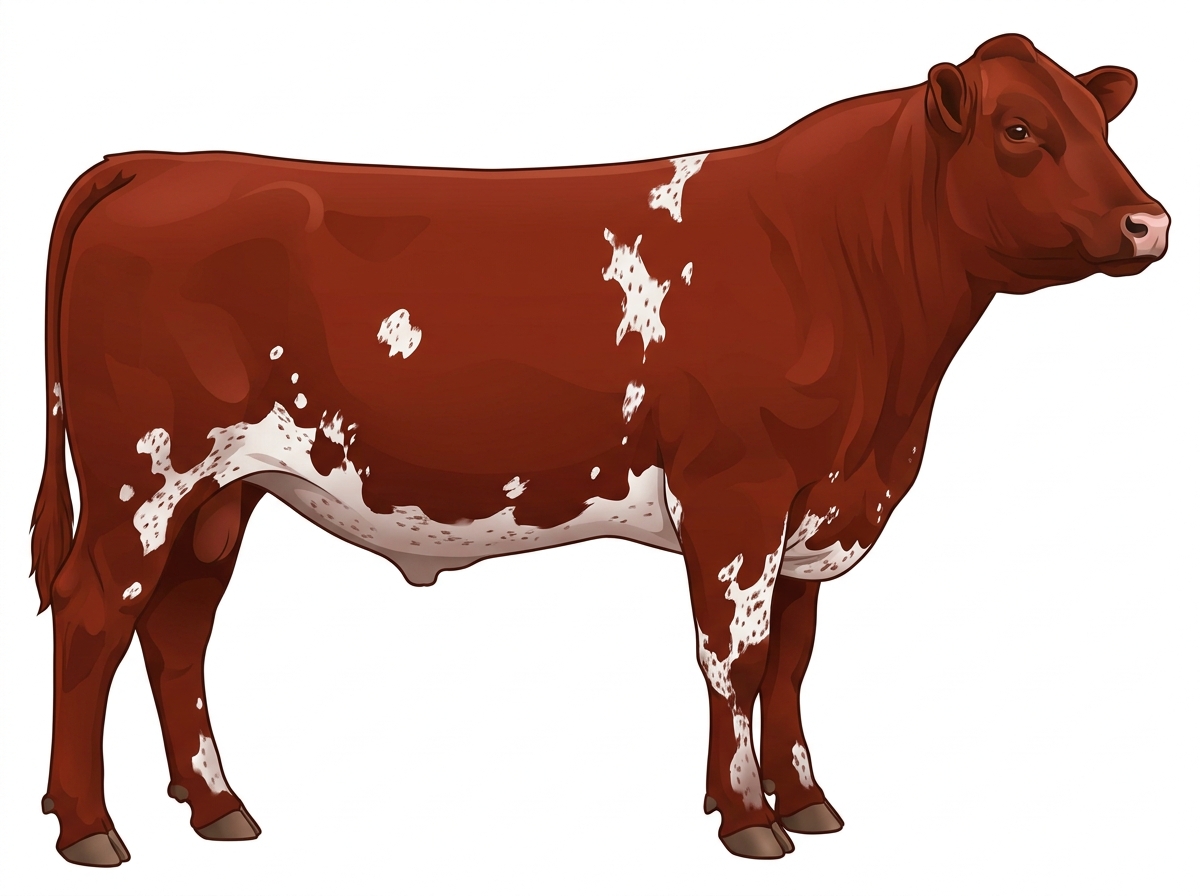 Red with a few white spots and ticking in the white Shorthorn Steer
