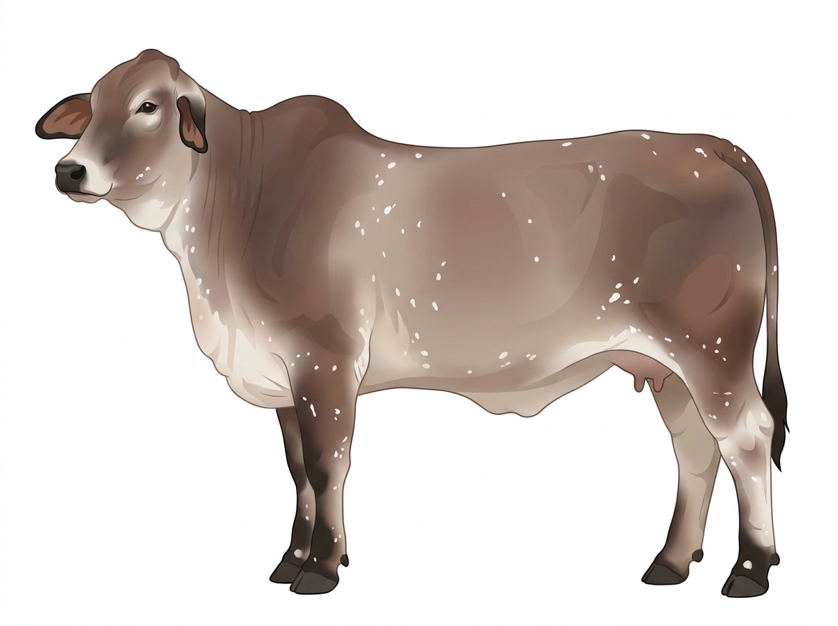 Heavy brown roan with black points, white spots and ticking in the white Shorthorn x Brahman Cross Cow