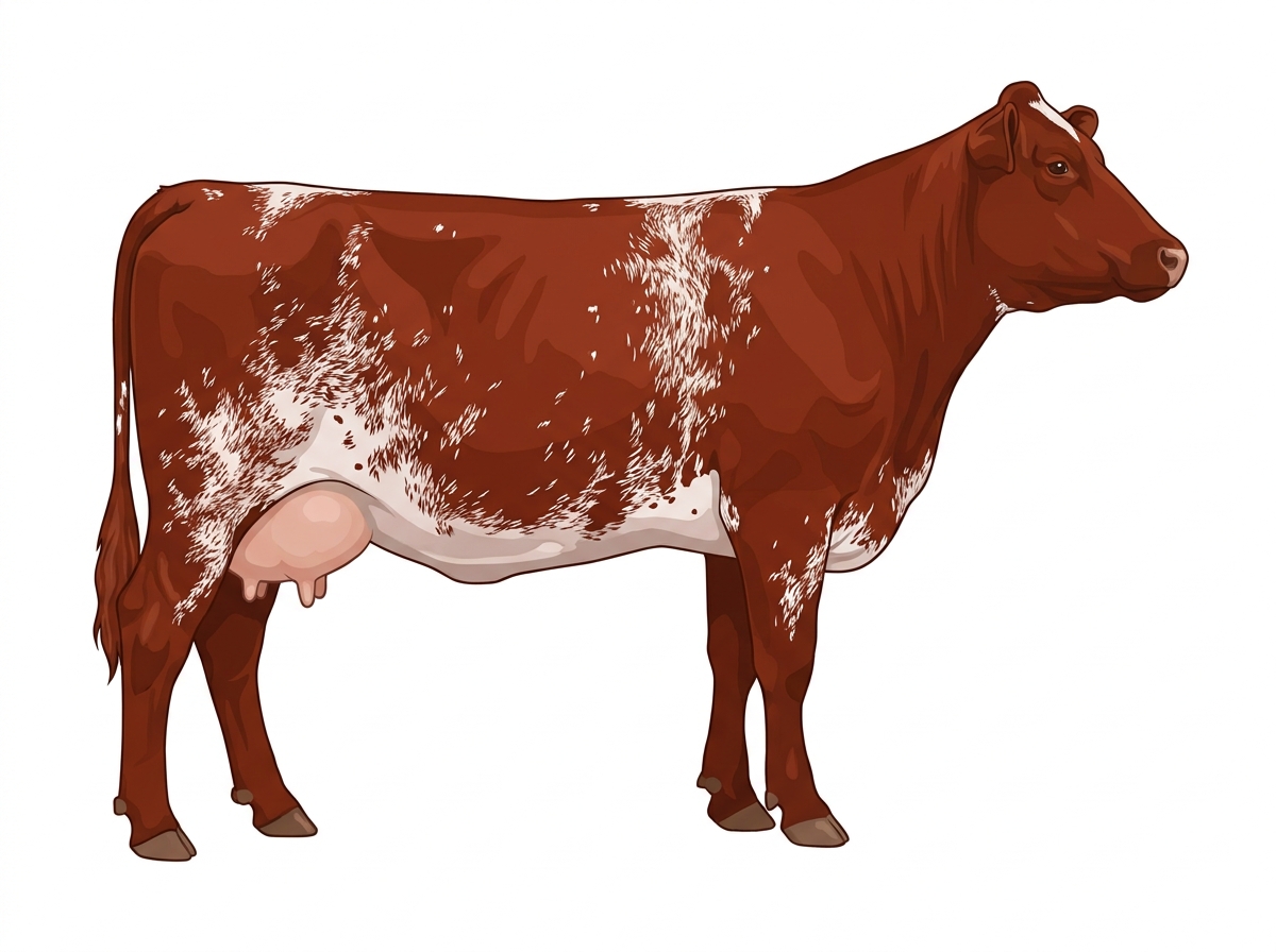 Red heavy roan with minimal spotting Shorthorn x Maine-Anjou Cross Cow