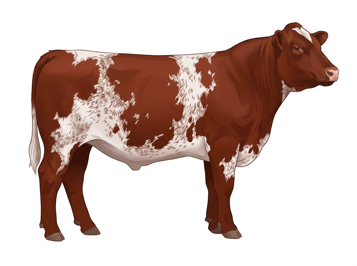 Red roan with white spots with ticking Shorthorn x Maine-Anjou Cross Steer