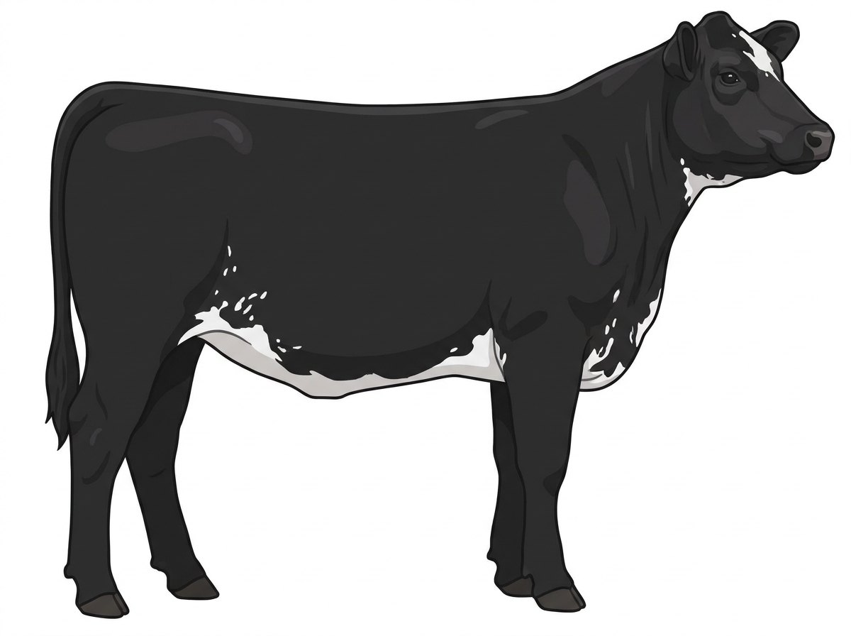 Black with a few white spots and ticking in the white SimAngus Heifer