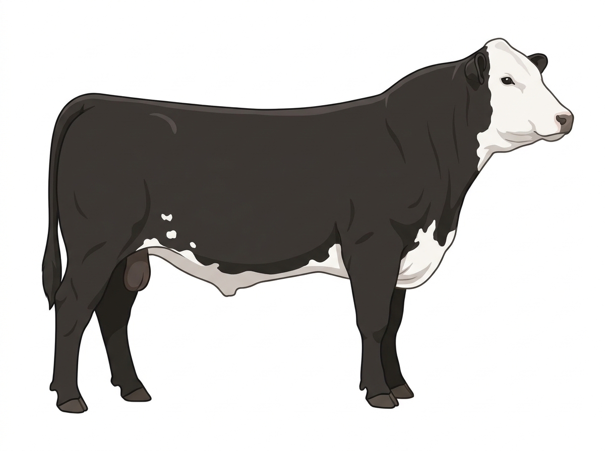 Black with a full white face, white brisket and underline and a few white spots SimAngus Bull