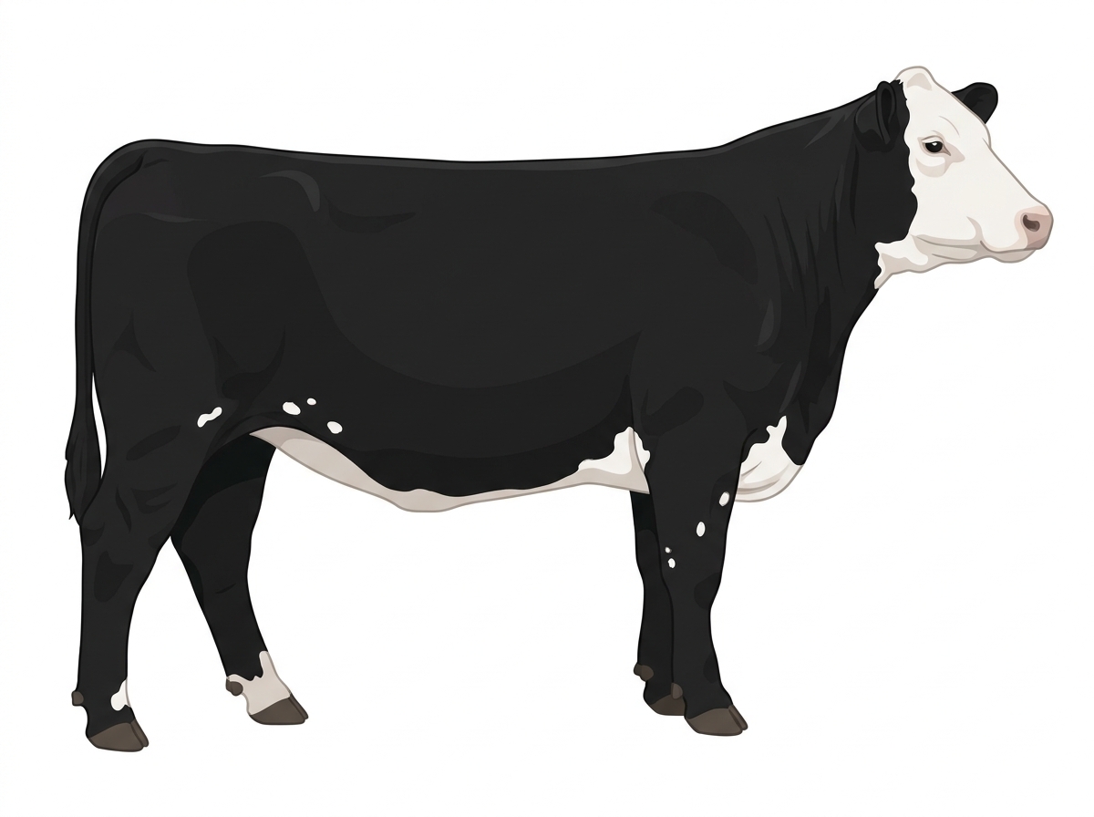 Black with a full white face, white brisket and underline and a few white spots SimAngus Cow